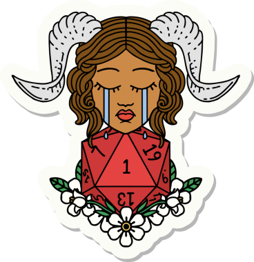 Ağlama etiketi, bir insan tarafından çizilmiş doğal bir D20 zar atışıyla bağlanmış.