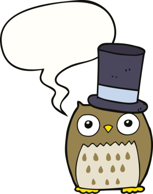 Bir insan tarafından çizilmiş konuşma balonlu silindir şapkalı bir baykuş.