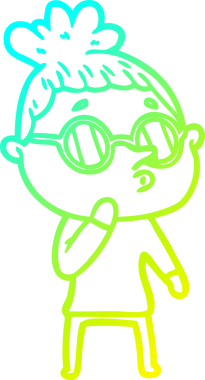 Bir insan tarafından çizilmiş gözlük takan çizgi film kadını çizimi.