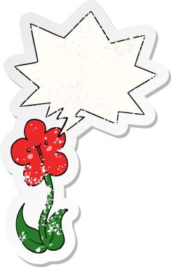 Konuşma baloncuğu olan karikatür çiçeği bir insan tarafından çizilmiş sıkıntılı eski bir çıkartma