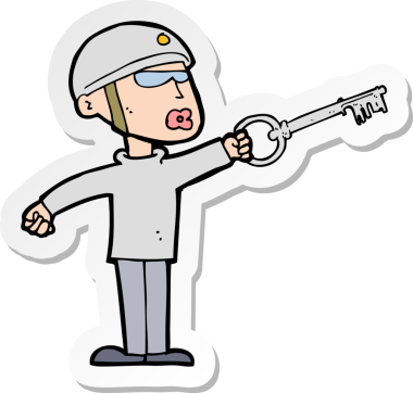 Bir insan tarafından çizilmiş anahtarı olan bir çizgi film güvenlikçisinin çıkartması.