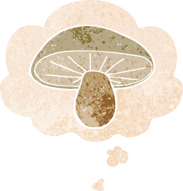 Düşünce baloncuklu çizgi film mantarı grunge sıkıntılı retro desen bir insan tarafından çizilmiş