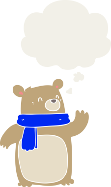 Bir insan tarafından çizilmiş, düşünce baloncuklu eşarp takan çizgi film ayısı.