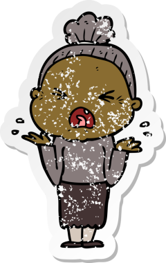 Bir insan tarafından çizilmiş kızgın yaşlı bir kadının sıkıntılı çıkartması.