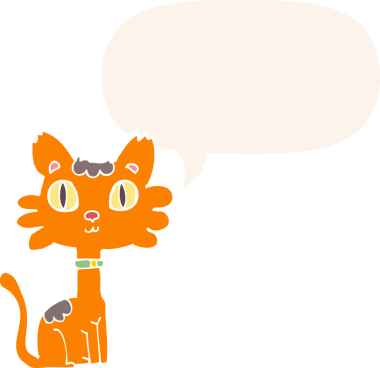 Konuşma baloncuğu olan çizgi film kedisi insan tarafından çizilmiş.