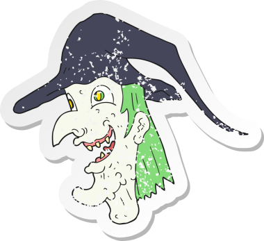 Bir insan tarafından çizilmiş gıdaklayan bir cadının gerilemiş retro yapıştırması.