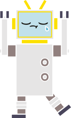 Bir insan tarafından çizilmiş ağlayan bir robotun düz renkli retro karikatürü