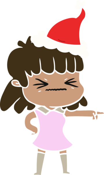 Bir insan tarafından çizilmiş Noel Baba şapkası takan bir kadının düz renkli çizimi.