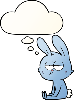 Düşünce baloncuğu olan sevimli çizgi film tavşanı bir insan tarafından çizilmiş.