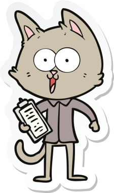 Bir insan tarafından çizilmiş gömlek ve kravat giyen komik bir çizgi film kedisinin çıkartması.