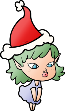 Bir insan tarafından çizilmiş Noel Baba şapkası giymiş güzel bir elf kızının gradyan çizimi.