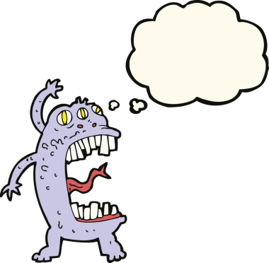 Bir insan tarafından çizilmiş düşünce baloncuğu olan çılgın bir canavar.