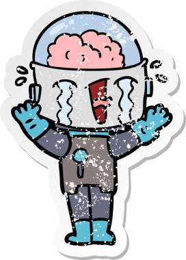 Bir insan tarafından çizilmiş, karikatür ağlayan robot çıkartması.