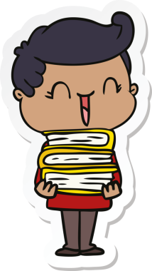 Bir insan tarafından çizilmiş kitapları taşıyan gülen bir çocuğun çıkartması.