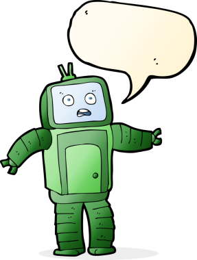 Bir insan tarafından çizilmiş konuşma balonlu komik robot.