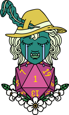 Retro Dövme Tarzı Hüzünlü yarım Ork Ozan Karakteri Bir insan tarafından çizilmiş doğal bir d20 rulo