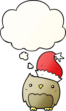 Bir insan tarafından çizilmiş yumuşak eğimli düşünce baloncuklu şirin noel baykuşu.