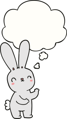 Bir insan tarafından çizilmiş düşünce kabarcığı olan sevimli çizgi film tavşanı.