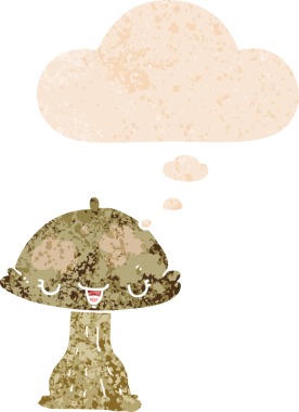 Düşünce baloncuklu çizgi film mantarı grunge sıkıntılı retro desen tarzı bir insan tarafından çizilmiş