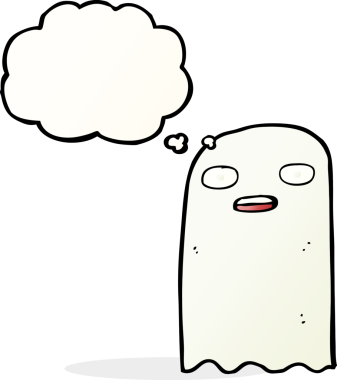 Bir insan tarafından çizilmiş düşünce baloncuklu komik çizgi film hayaleti.