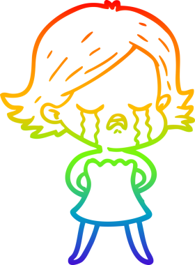 Gökkuşağı gradyan çizimi bir insan tarafından çizilmiş ağlayan bir çizgi kız çizimi