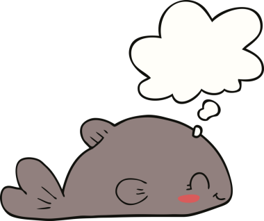 Bir insan tarafından çizilmiş düşünce baloncuklu çizgi film balığı.