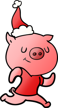 Bir insan tarafından çizilmiş Noel Baba şapkasıyla koşan bir domuzun gradyan çizimi.