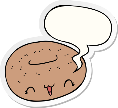 Bir insan tarafından çizilmiş konuşma kabarcığı çıkartmalı tatlı çizgi film çöreği.