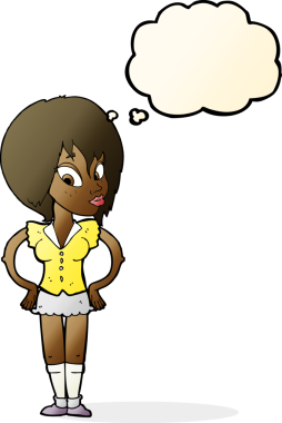 Bir insan tarafından çizilmiş düşünce baloncuğu olan elleri kalçasında çizgi film kadını.