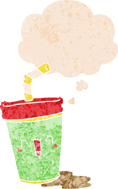 Düşünce baloncuğu ve grunge ile tatlı çizgi film soda bir insan tarafından çizilmiş sıkıntılı retro dokuma tarzı