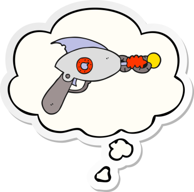 Düşünce baloncuklu çizgi film ışın tabancası insan tarafından çizilmiş bir çıkartma.