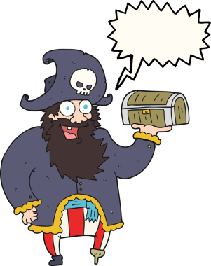 Bir insan tarafından çizilmiş hazine sandığı olan serbest konuşma balonu karikatürü korsan kaptanı