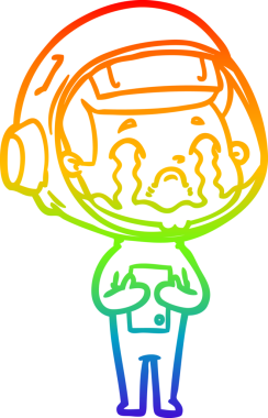 Gökkuşağı gradyan çizgi çizimi bir insan tarafından çizilmiş ağlayan astronot