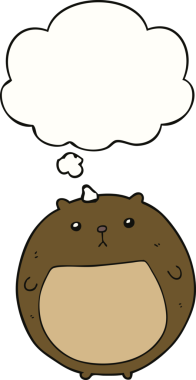 Bir insan tarafından çizilmiş düşünce baloncuklu çizgi film ayısı.