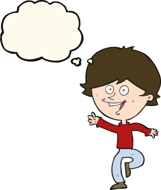 Bir insan tarafından çizilmiş düşünce baloncuğu olan mutlu, el sallayan çocuk.