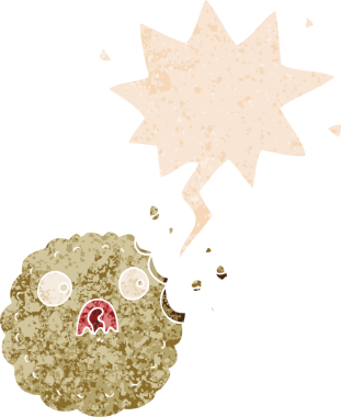 Konuşan baloncuklu ürkek kurabiye çizgi filmi bir insan tarafından çizilmiş dertli retro desenli.