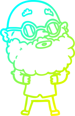 Bir insan tarafından çizilmiş sakallı ve gözlüklü tuhaf bir çizgi film karakteri.