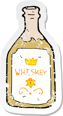 Bir insan tarafından çizilmiş karikatür viski şişesinin gerilimli yapıştırması.