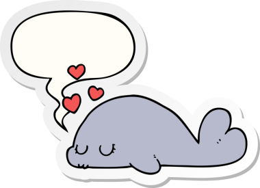 Bir insan tarafından çizilmiş baloncuk çıkartmalı şirin çizgi film yunusu.