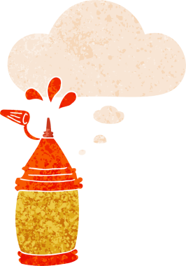 Düşünce baloncuklu ketçap şişesi grunge sıkıntılı retro dokuma tarzı bir insan tarafından çizilmiş