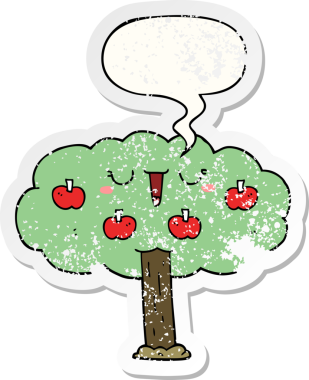 Konuşması kabarcıklı karikatür elma ağacı bir insan tarafından çizilmiş sıkıntılı eski bir çıkartma