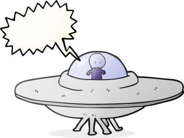 Bir insan tarafından çizilmiş serbest konuşma balonu karikatürü uzaylı uçan daire.