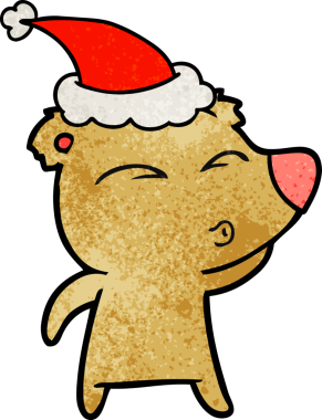 Bir insan tarafından çizilmiş Noel Baba şapkası takan bir ayının el çizimi karikatürü.