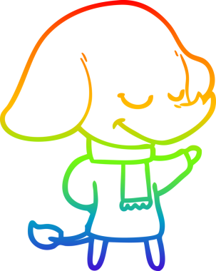 Bir insan tarafından çizilmiş eşarp takan gülümseyen bir filin çizgi çizimi.