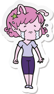 Bir insan tarafından çizilmiş ağlayan uzaylı bir kızın çıkartması.