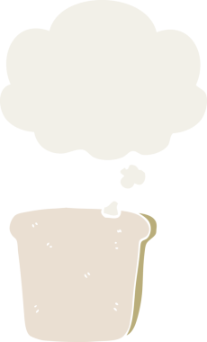 bir insan tarafından çizilmiş, düşünce baloncuklu bir ekmek dilimi.