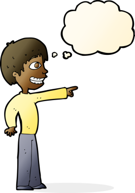 Bir insan tarafından çizilmiş düşünce balonuyla işaret eden sırıtan çocuk.