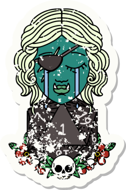 Retro Dövme Tarzı Ağlama Yarı Ork haylaz karakter Doğal bir D20 rulo ile bir insan tarafından çizilmiş