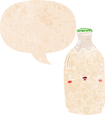 Tatlı çizgi film süt şişesi, konuşma baloncuğu ve grunge dertli retro stili bir insan tarafından çizilmiş.