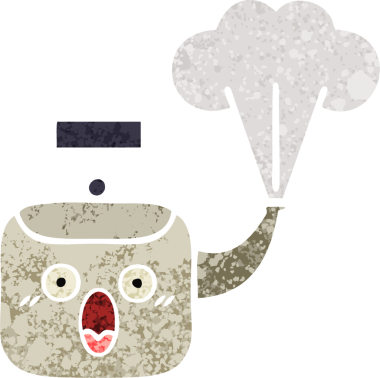 Bir insan tarafından çizilen dumanı tüten bir çaydanlığın retro çizim tarzı karikatürü